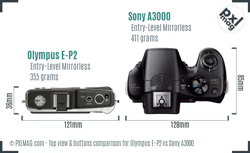Olympus E-P2 vs Sony A3000 top view buttons comparison