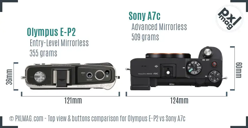 Olympus E-P2 vs Sony A7c top view buttons comparison