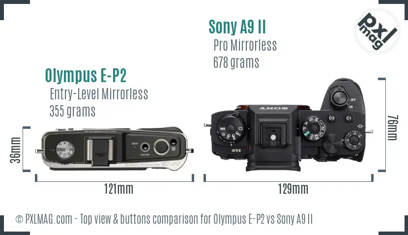 Olympus E-P2 vs Sony A9 II top view buttons comparison