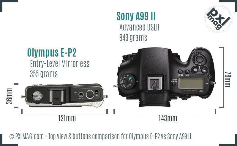 Olympus E-P2 vs Sony A99 II top view buttons comparison