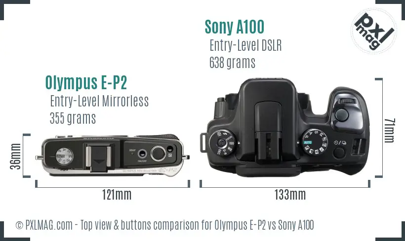 Olympus E-P2 vs Sony A100 top view buttons comparison