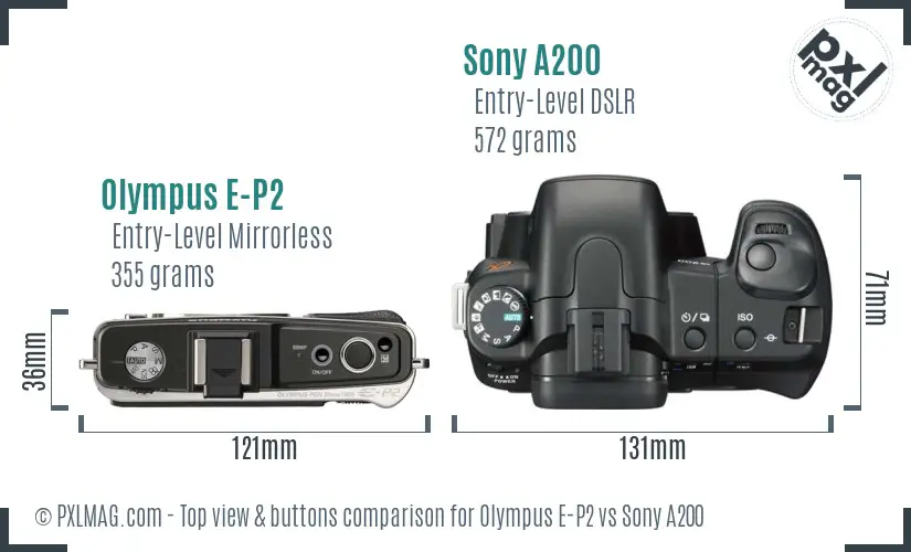Olympus E-P2 vs Sony A200 top view buttons comparison