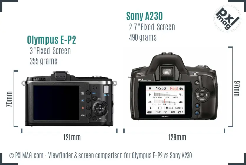 Olympus E-P2 vs Sony A230 Screen and Viewfinder comparison