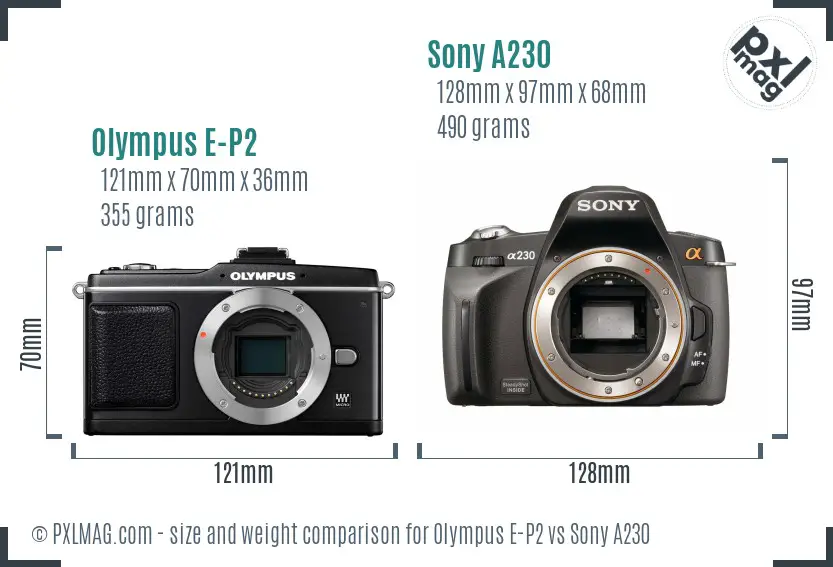 Olympus E-P2 vs Sony A230 size comparison Olympus E-P2 vs Sony A230 size comparison
