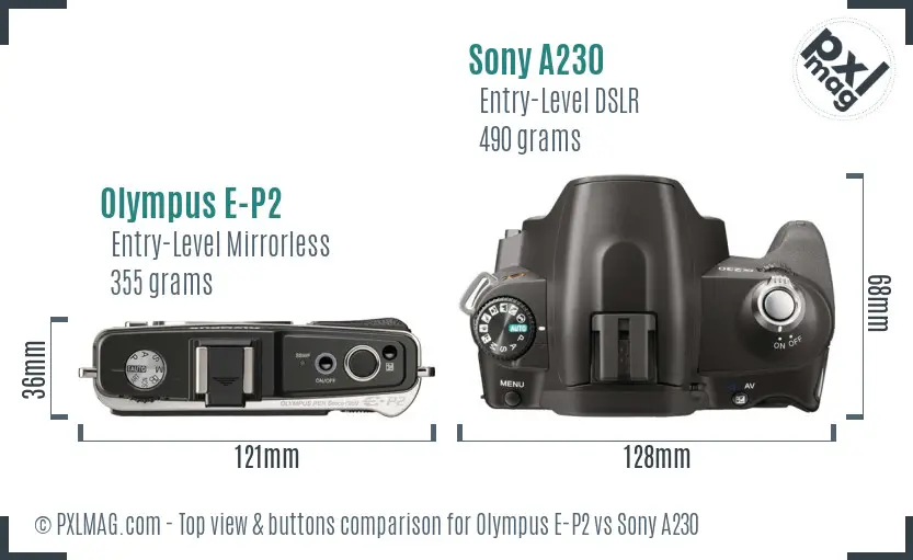Olympus E-P2 vs Sony A230 top view buttons comparison