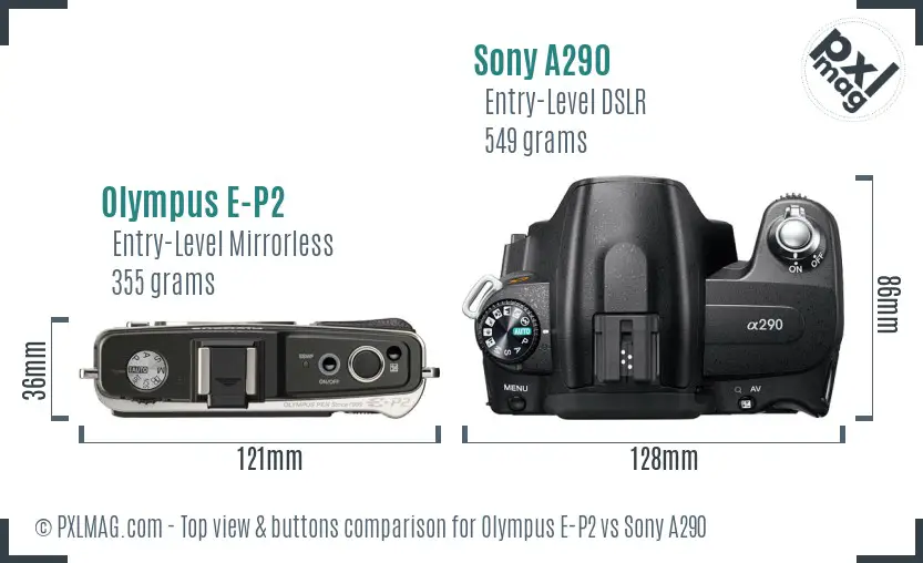 Olympus E-P2 vs Sony A290 top view buttons comparison