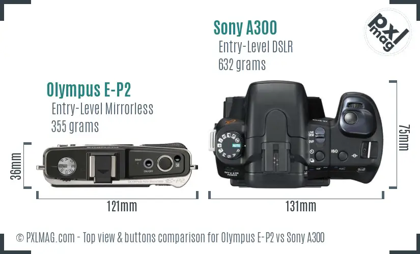 Olympus E-P2 vs Sony A300 top view buttons comparison