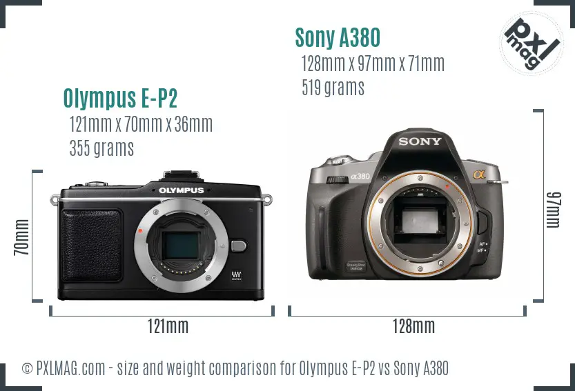 Olympus E-P2 vs Sony A380 size comparison