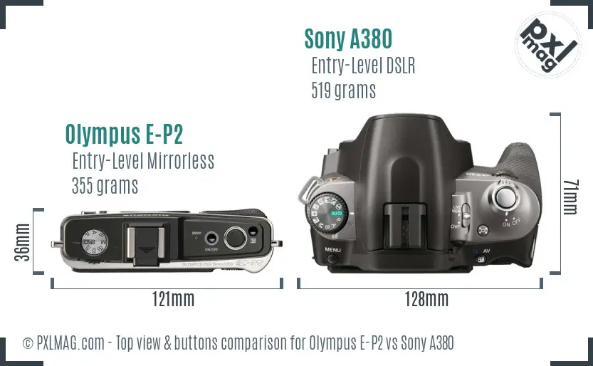 Olympus E-P2 vs Sony A380 top view buttons comparison