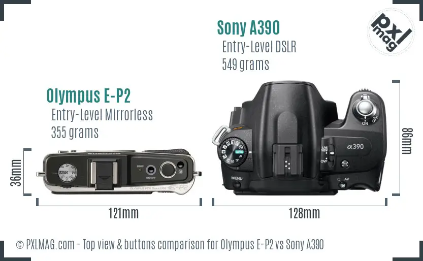 Olympus E-P2 vs Sony A390 top view buttons comparison