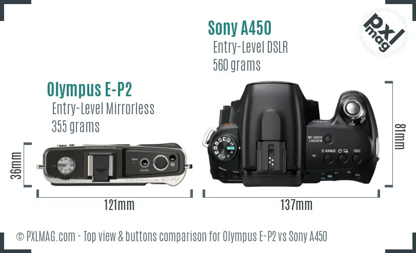 Olympus E-P2 vs Sony A450 top view buttons comparison