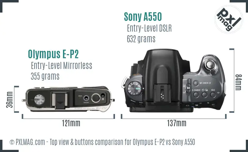 Olympus E-P2 vs Sony A550 top view buttons comparison