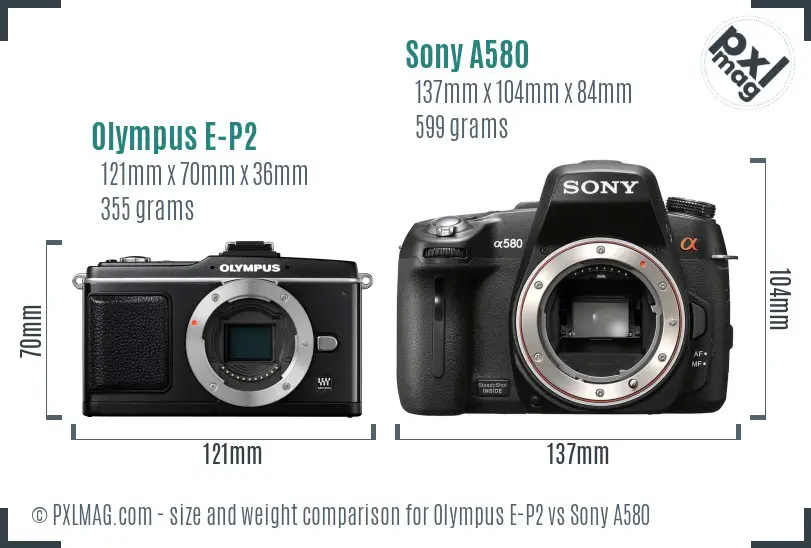 Olympus E-P2 vs Sony A580 size comparison Olympus E-P2 vs Sony A580 size comparison
