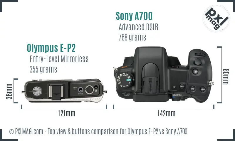 Olympus E-P2 vs Sony A700 top view buttons comparison