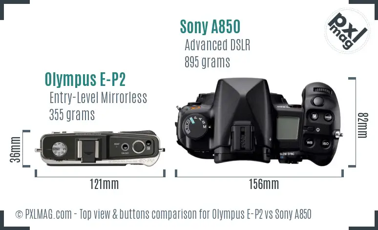Olympus E-P2 vs Sony A850 top view buttons comparison