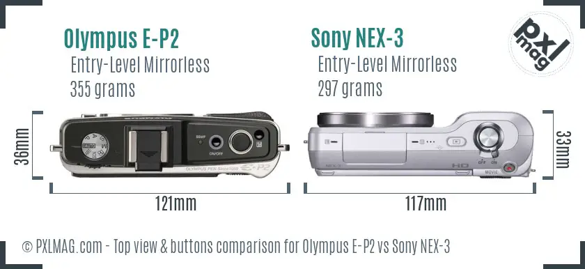 Olympus E-P2 vs Sony NEX-3 top view buttons comparison Olympus E-P2 vs Sony NEX-3 top view buttons comparison