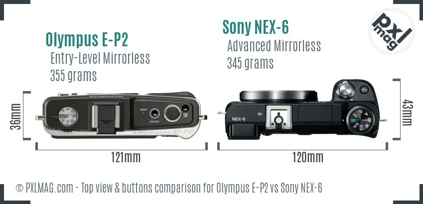 Olympus E-P2 vs Sony NEX-6 top view buttons comparison