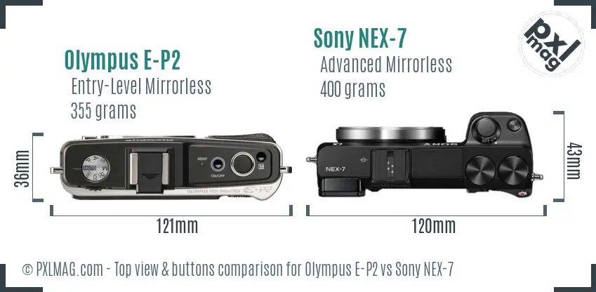 Olympus E-P2 vs Sony NEX-7 top view buttons comparison