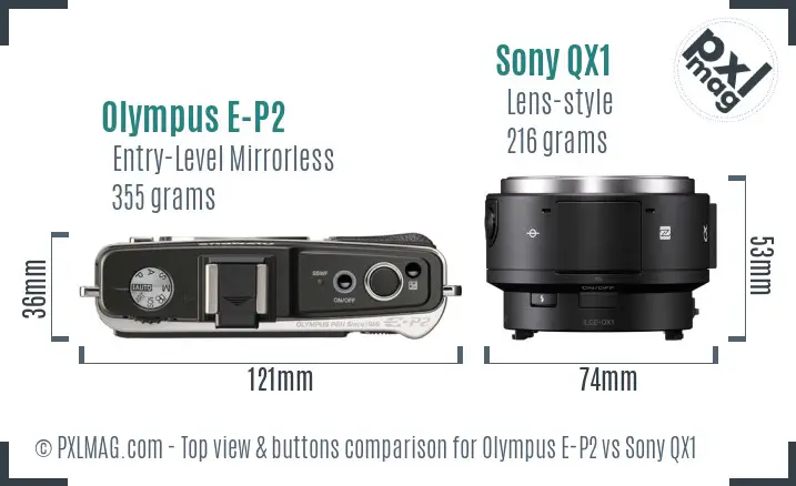 Olympus E-P2 vs Sony QX1 top view buttons comparison