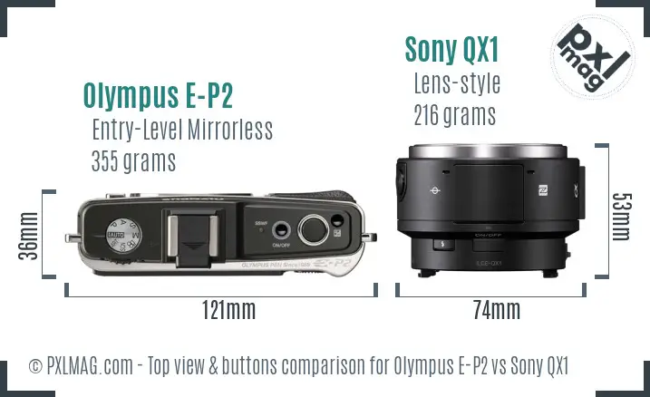 Olympus E-P2 vs Sony QX1 top view buttons comparison Olympus E-P2 vs Sony QX1 top view buttons comparison