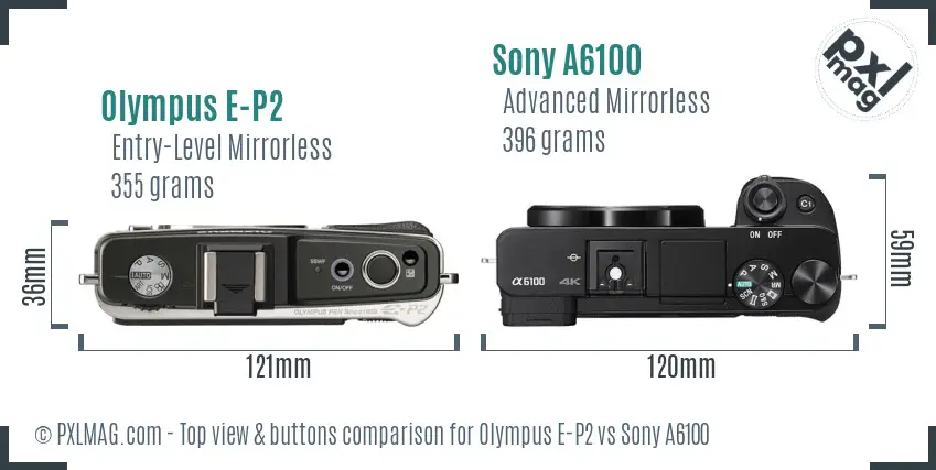 Olympus E-P2 vs Sony A6100 top view buttons comparison