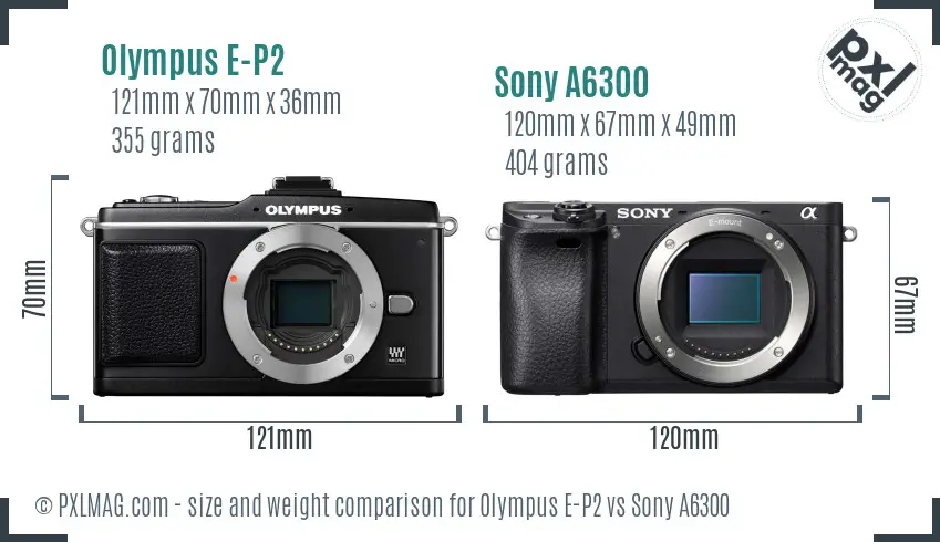Olympus E-P2 vs Sony A6300 size comparison