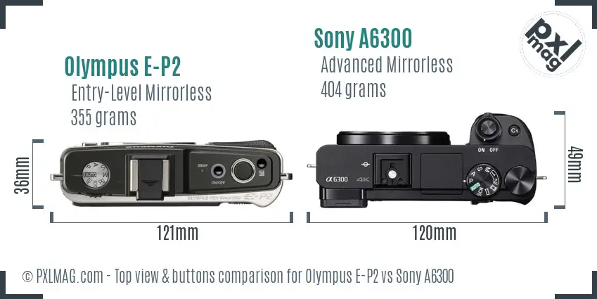 Olympus E-P2 vs Sony A6300 top view buttons comparison