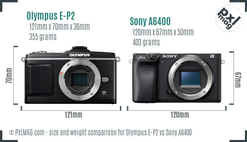 Olympus E-P2 vs Sony A6400 size comparison