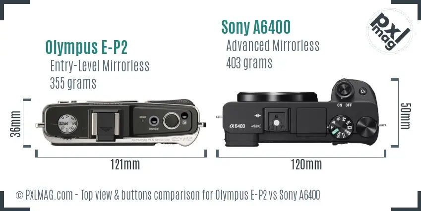 Olympus E-P2 vs Sony A6400 top view buttons comparison