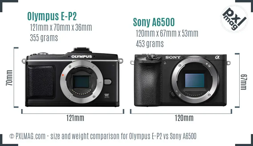 Olympus E-P2 vs Sony A6500 size comparison