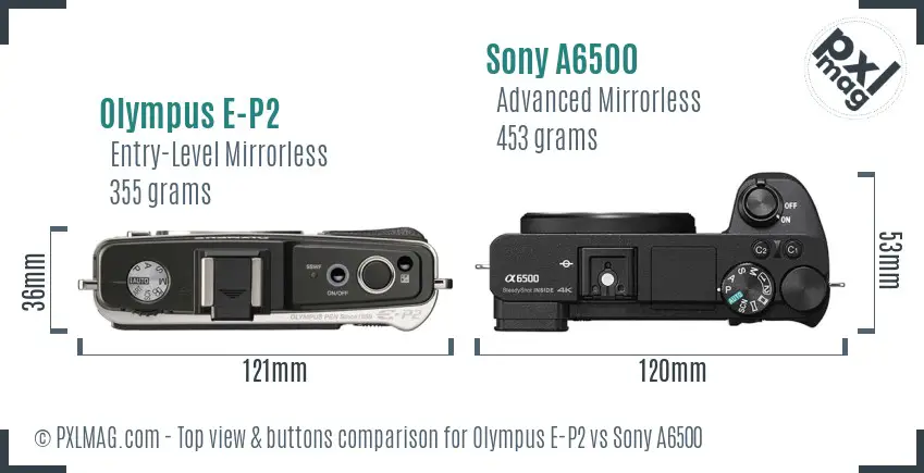 Olympus E-P2 vs Sony A6500 top view buttons comparison