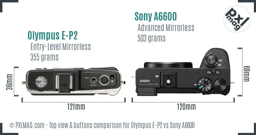 Olympus E-P2 vs Sony A6600 top view buttons comparison
