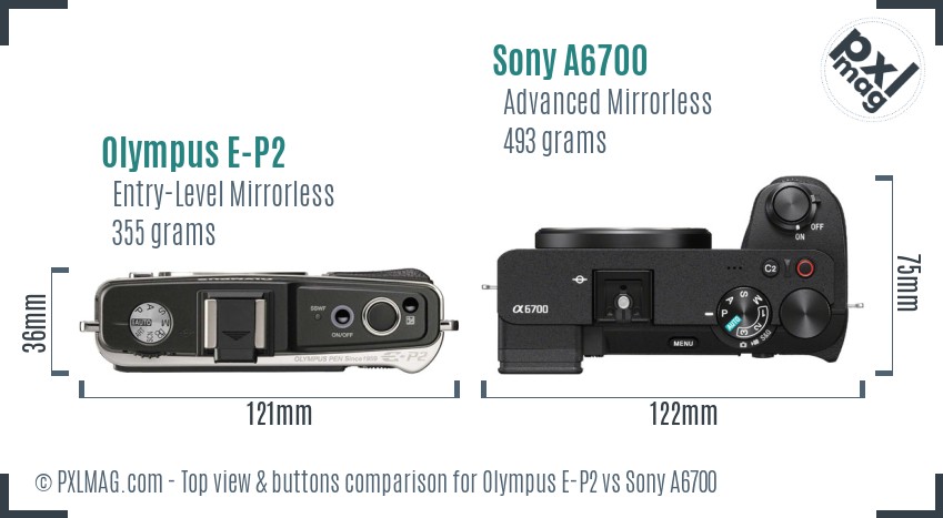 Olympus E-P2 vs Sony A6700 top view buttons comparison