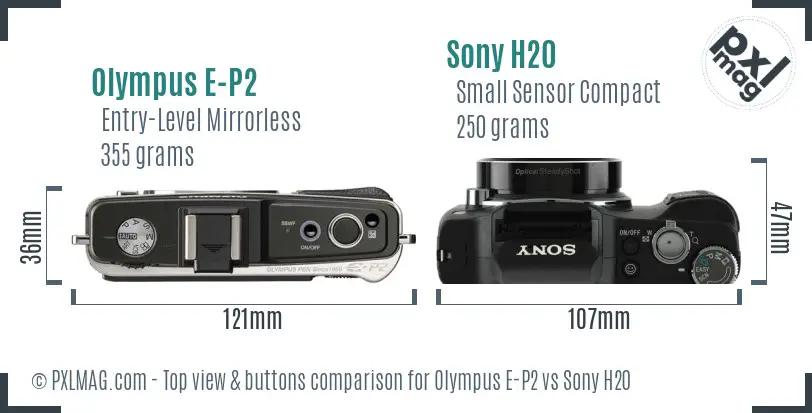 Olympus E-P2 vs Sony H20 top view buttons comparison