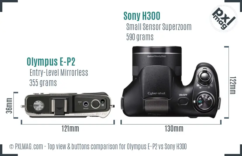 Olympus E-P2 vs Sony H300 top view buttons comparison