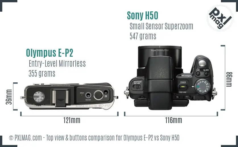 Olympus E-P2 vs Sony H50 top view buttons comparison