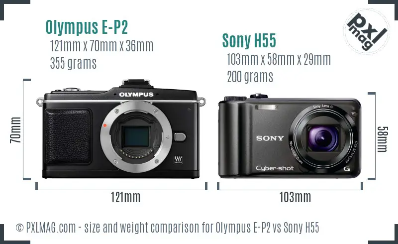 Olympus E-P2 vs Sony H55 size comparison