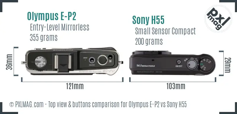 Olympus E-P2 vs Sony H55 top view buttons comparison