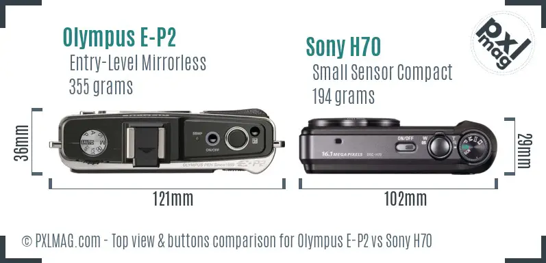 Olympus E-P2 vs Sony H70 top view buttons comparison