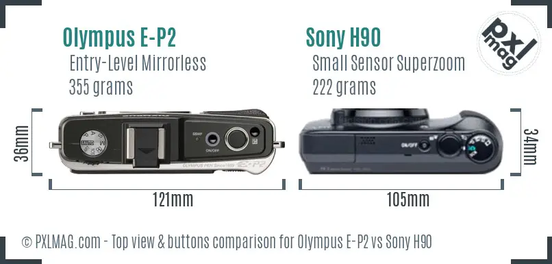 Olympus E-P2 vs Sony H90 top view buttons comparison