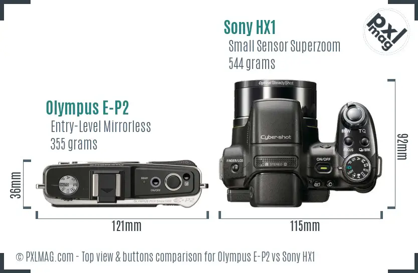 Olympus E-P2 vs Sony HX1 top view buttons comparison