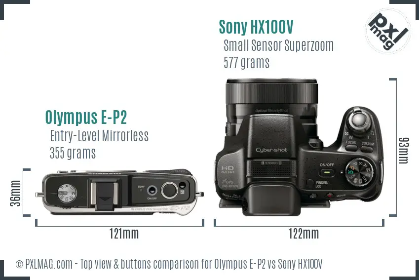 Olympus E-P2 vs Sony HX100V top view buttons comparison