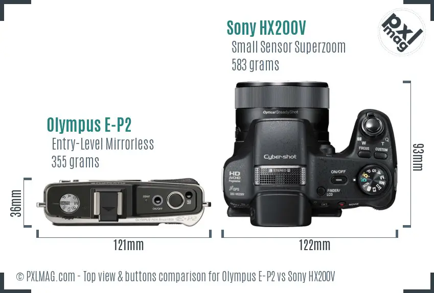 Olympus E-P2 vs Sony HX200V top view buttons comparison