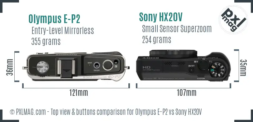 Olympus E-P2 vs Sony HX20V top view buttons comparison