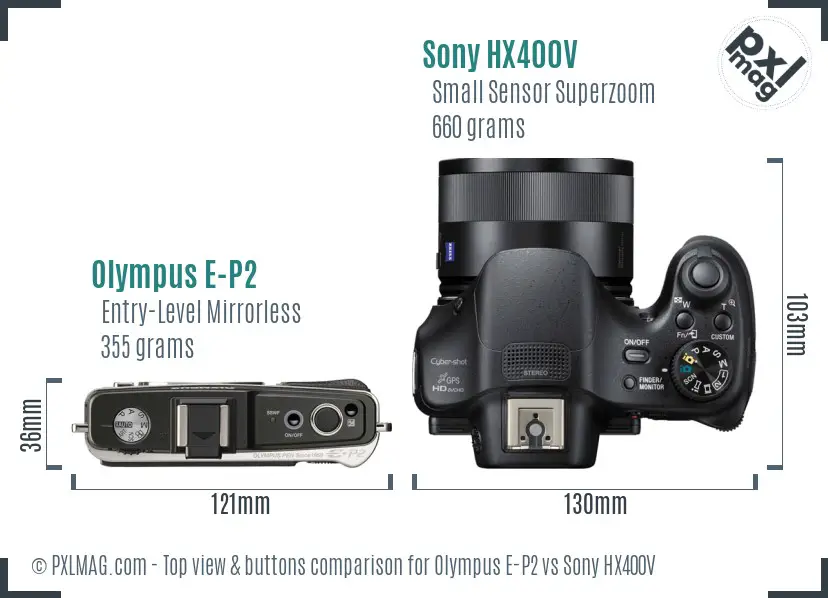 Olympus E-P2 vs Sony HX400V top view buttons comparison