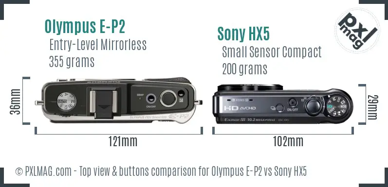 Olympus E-P2 vs Sony HX5 top view buttons comparison