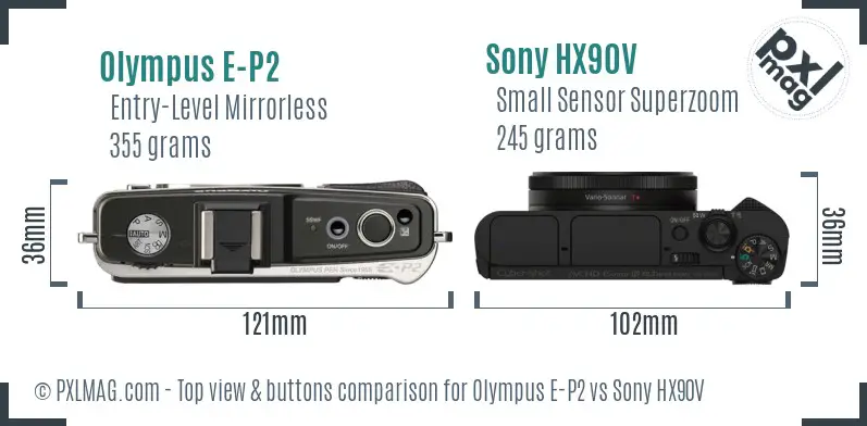 Olympus E-P2 vs Sony HX90V top view buttons comparison