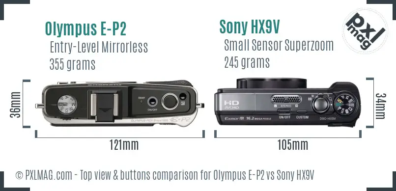 Olympus E-P2 vs Sony HX9V top view buttons comparison