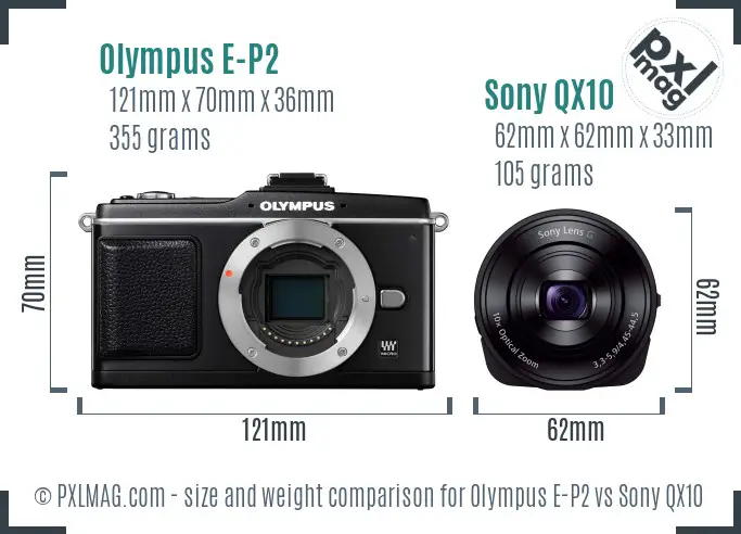 Olympus E-P2 vs Sony QX10 size comparison