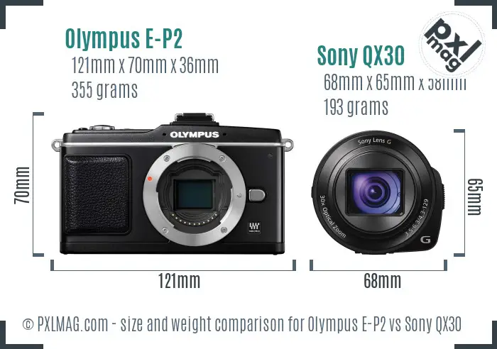 Olympus E-P2 vs Sony QX30 size comparison